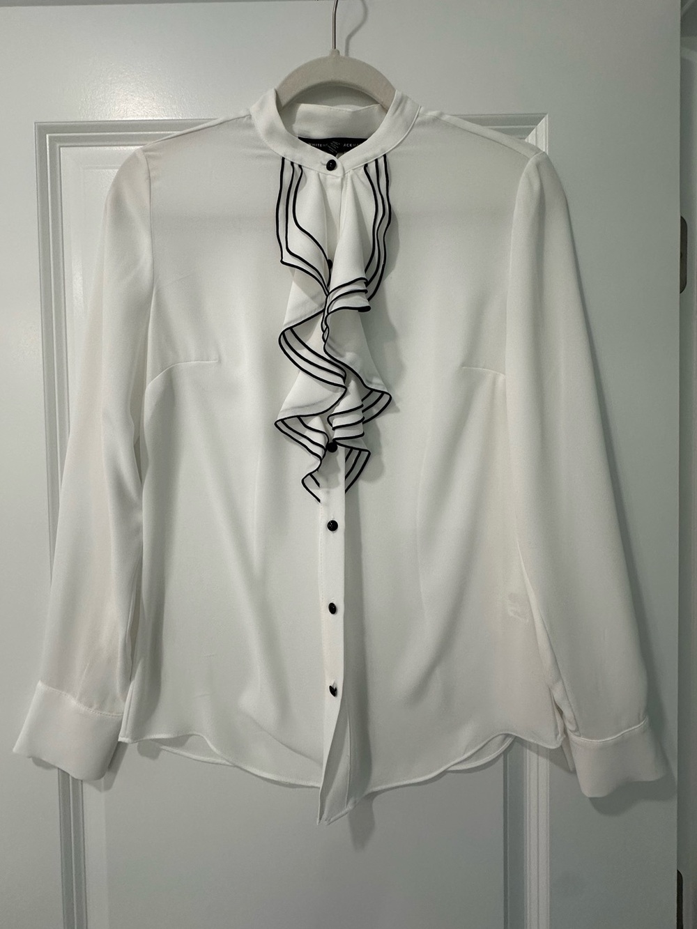 White House Black Market White Blouse with Black-Trim Ruffle